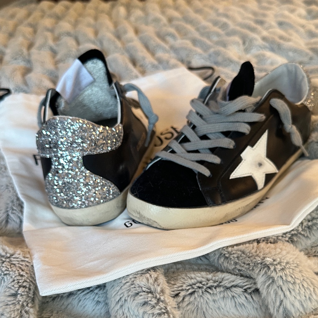Golden Goose Black/Silver Glitter Low Top Sneakers. Size 37